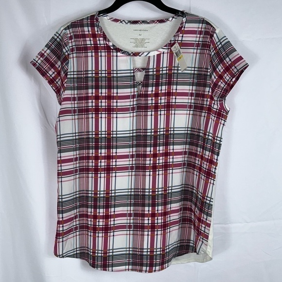 Van Heusen Blouse Short Cap Sleeve Scoop neck V-Cut out Plaid Striped Casual Top - Picture 1 of 9